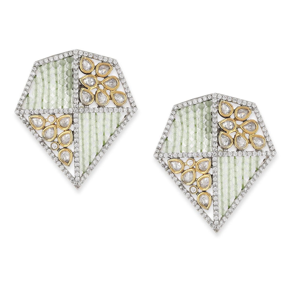 Green & Silver-Toned Geometric Studs Earrings