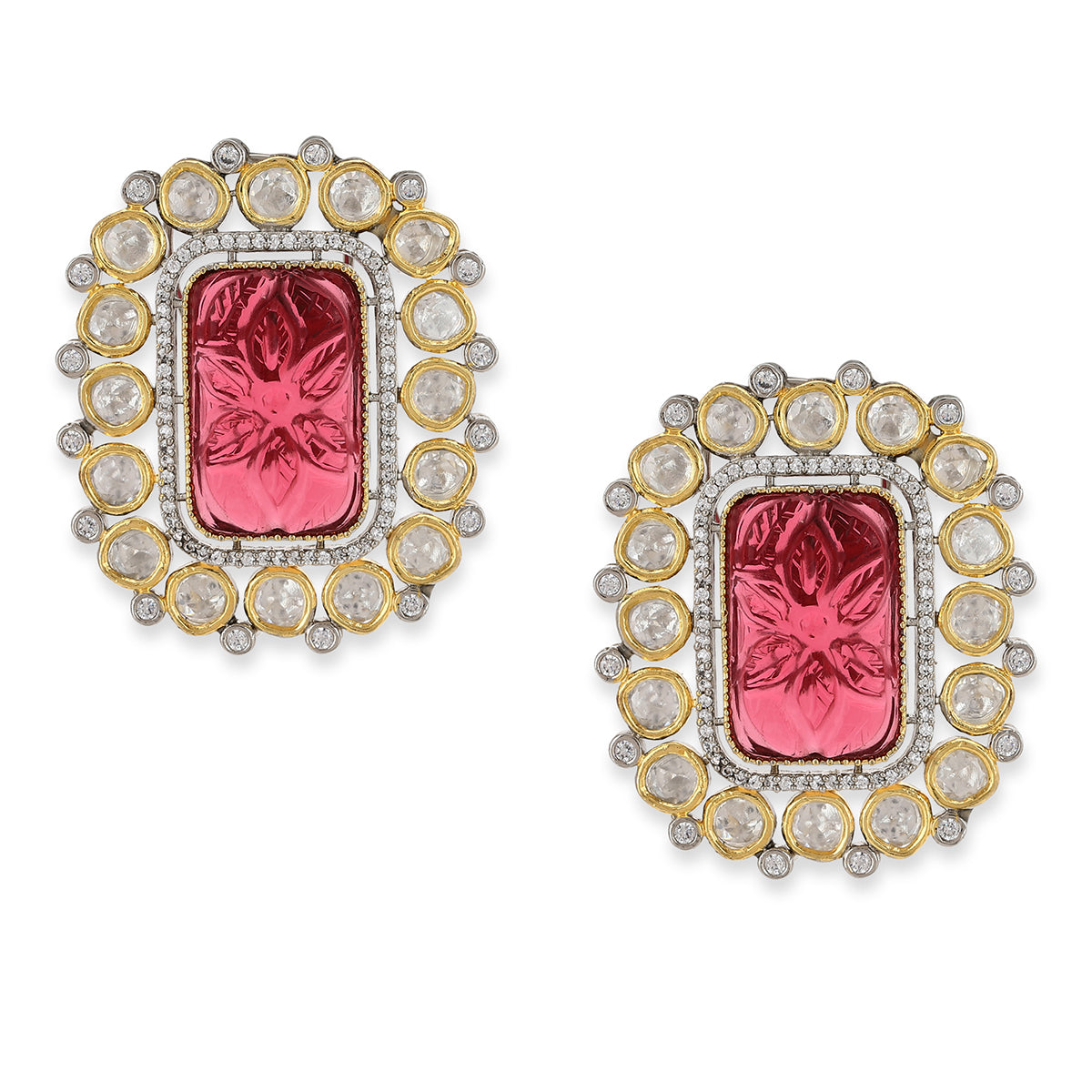 Rhodium-Plated Red Square Studs Earrings