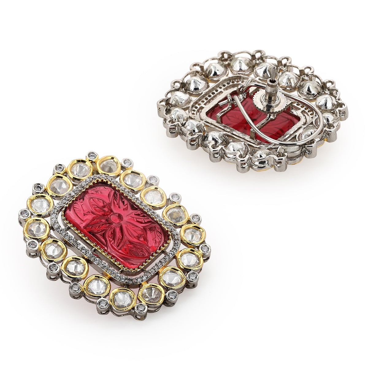 Rhodium-Plated Red Square Studs Earrings
