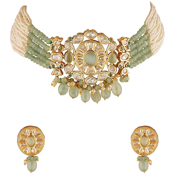 Gold Finish Mint Beads & Pearl Choker Necklace Set