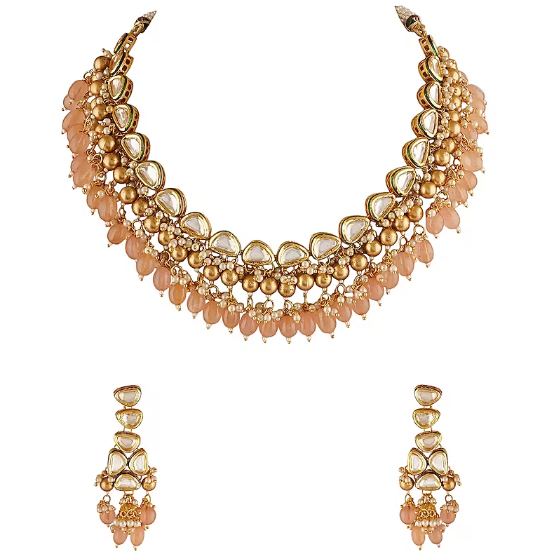 Gold Finish Orange Beaded Necklace Set