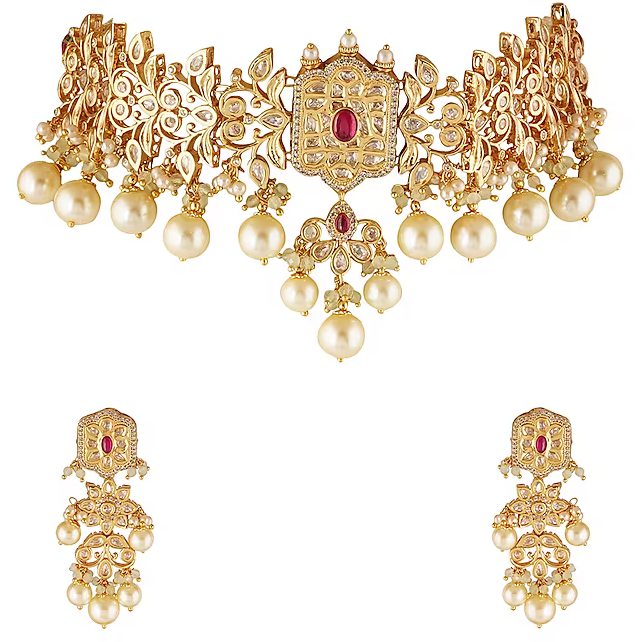Gold Finish Red Stone & Pearl Choker Necklace Set