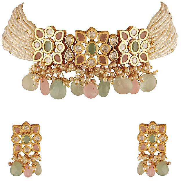 Gold Finish Mint & Blush Pink Beaded Choker Necklace Set