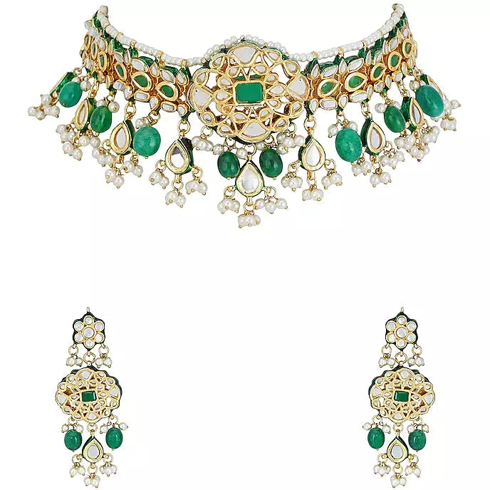 Gold Plated Emerald Choker Necklace Set