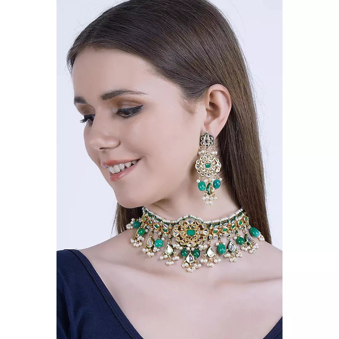 Gold Plated Emerald Choker Necklace Set